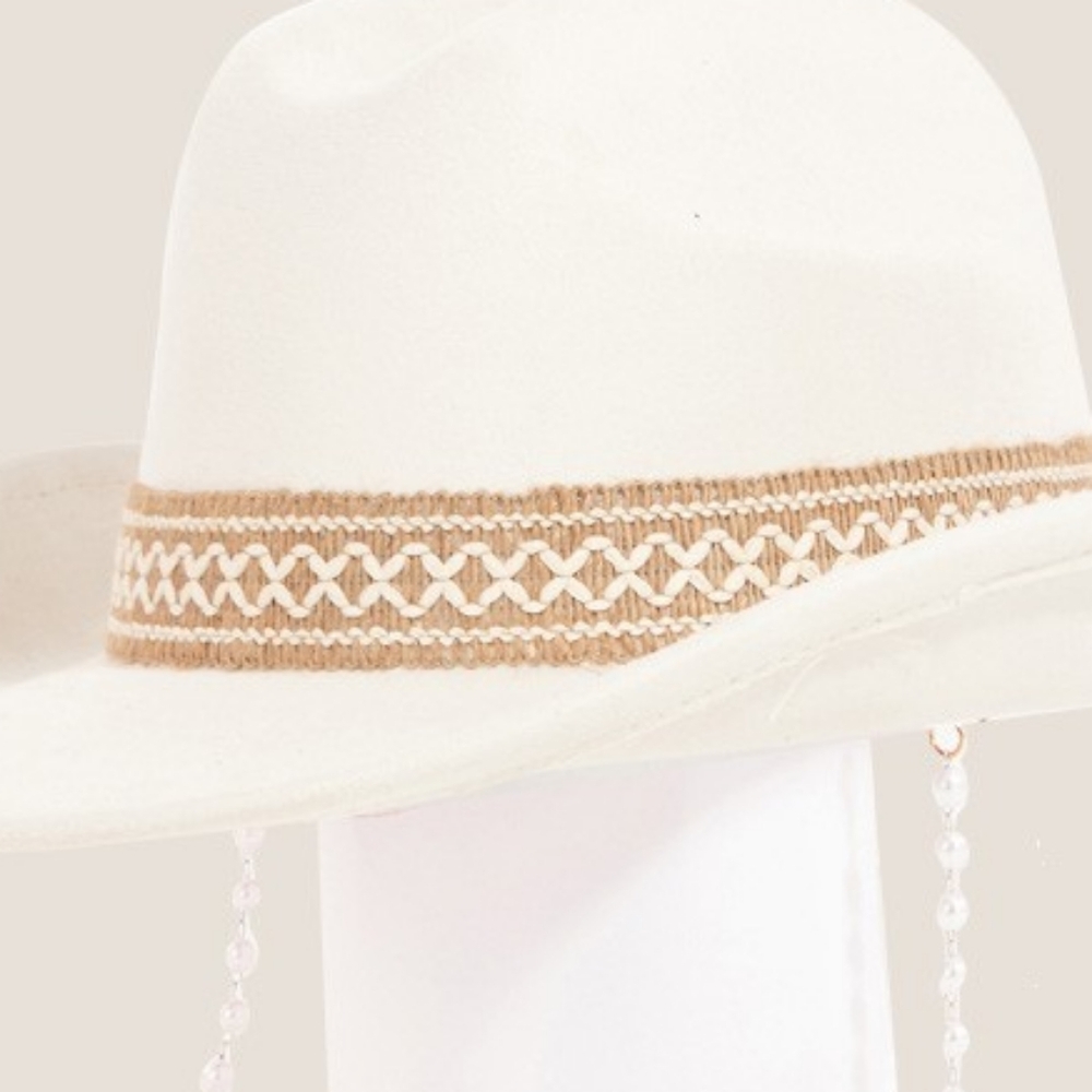 Stylish Ivory Cowboy Hat with Beaded Chain - Picture 2 of 5